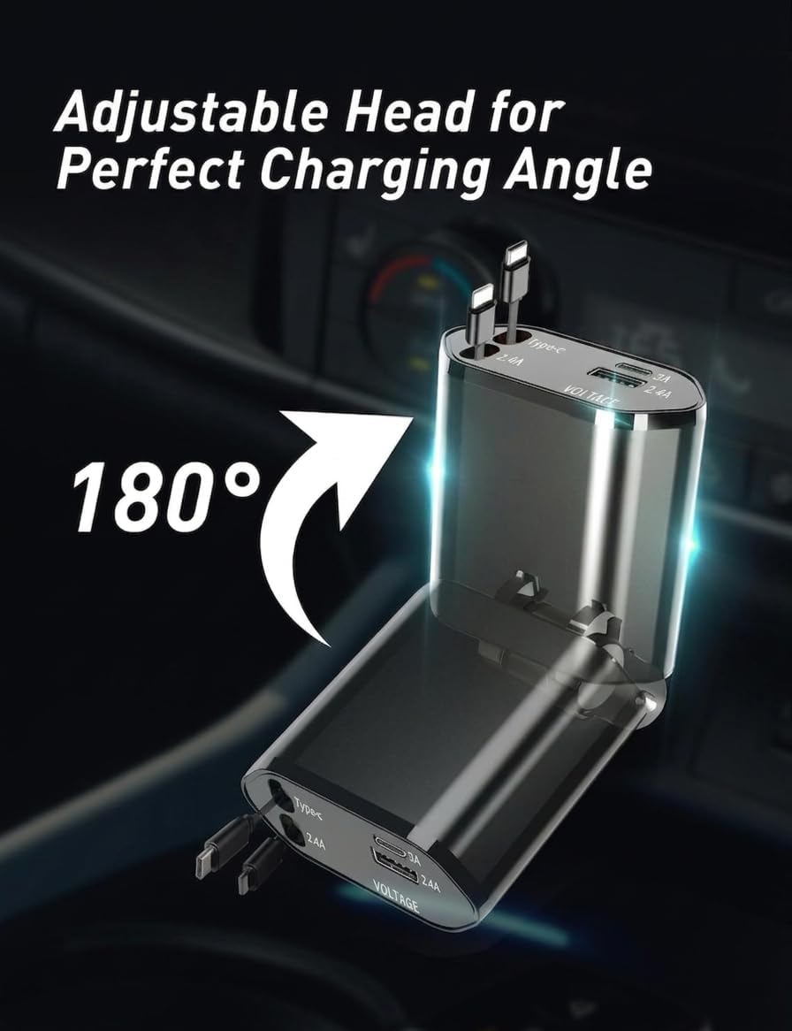 Lujo Veloz Sync 120W 4-in-1 Retractable Car Charger – Built-in USB-C & Lightning Cables with Voltage Display | Black