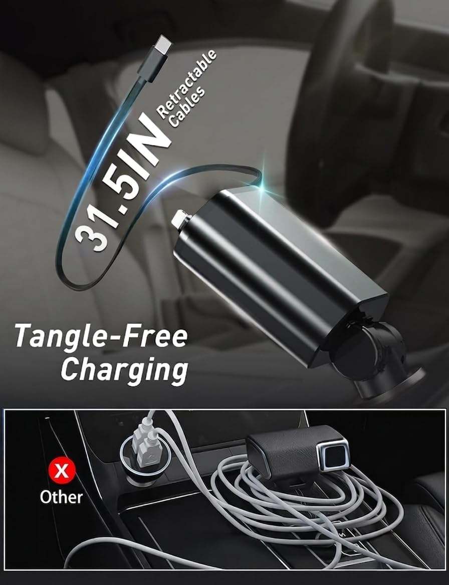 Lujo Veloz Sync 120W 4-in-1 Retractable Car Charger – Built-in USB-C & Lightning Cables with Voltage Display | Black