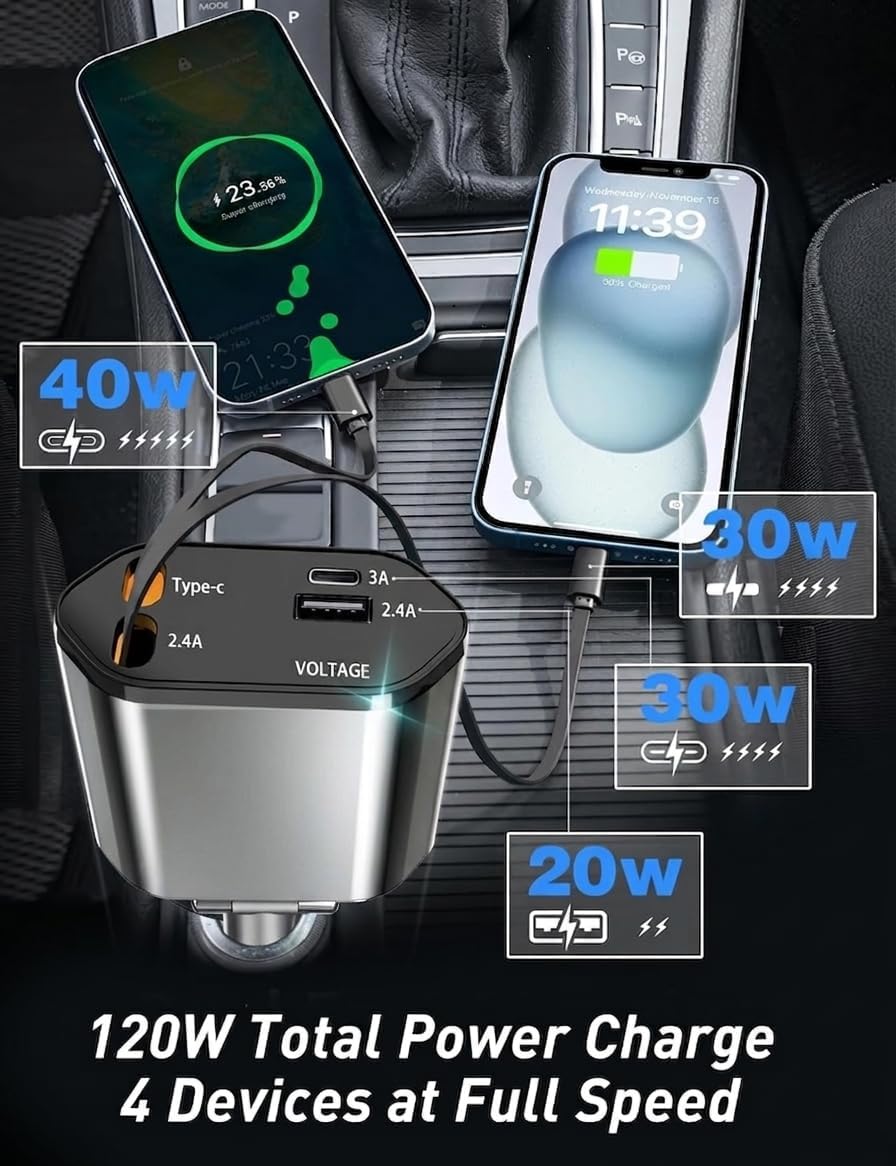 Lujo Veloz Sync 120W 4-in-1 Retractable Car Charger – Built-in USB-C & Lightning Cables with Voltage Display | Black