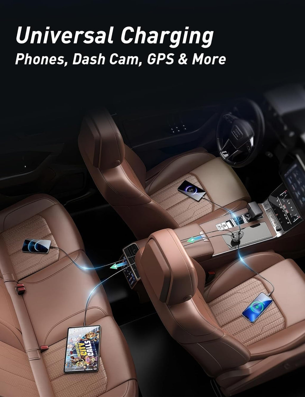 Lujo Veloz Sync 120W 4-in-1 Retractable Car Charger – Built-in USB-C & Lightning Cables with Voltage Display | Black