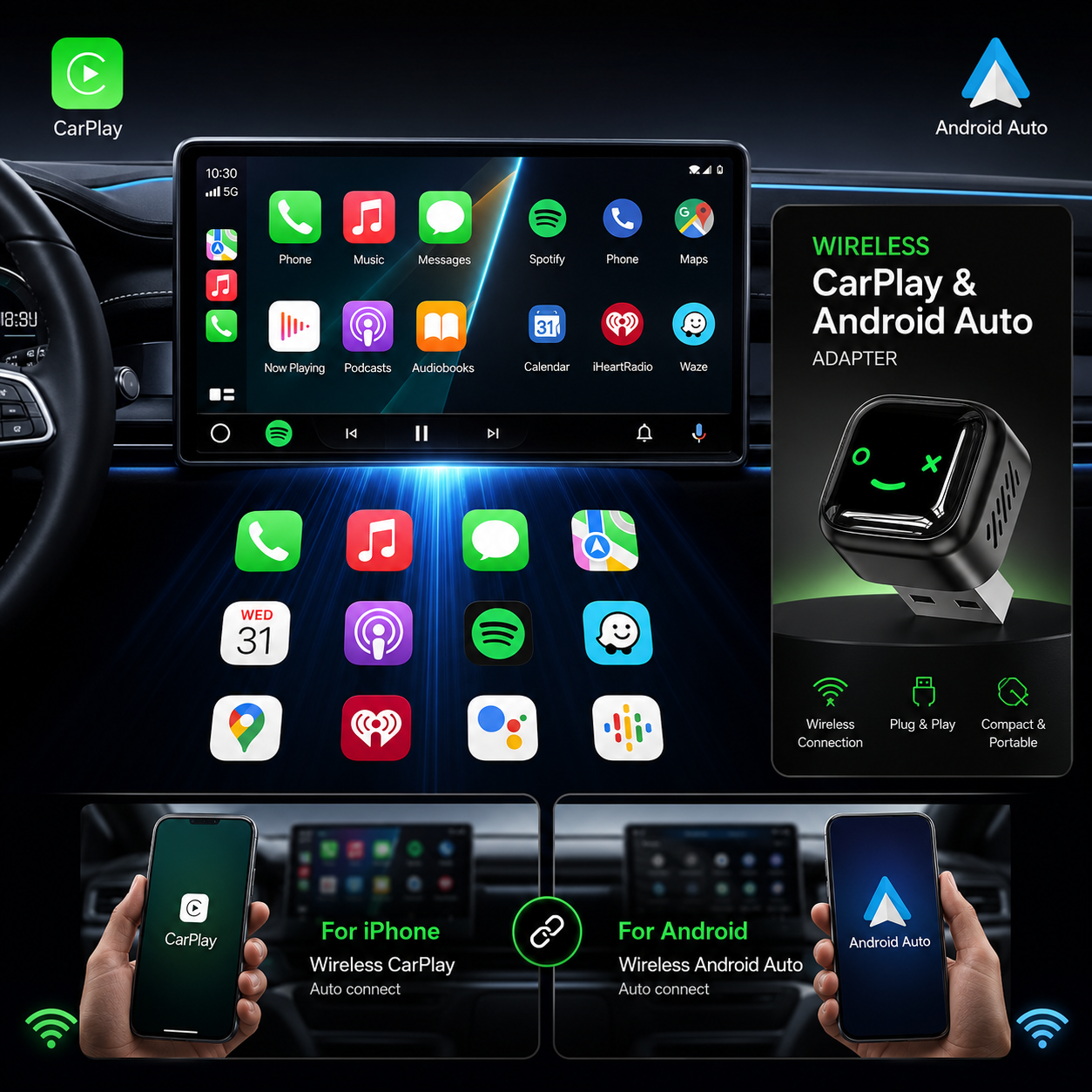 Wireless CarPlay Android Auto adapter connected to car dashboard touchscreen